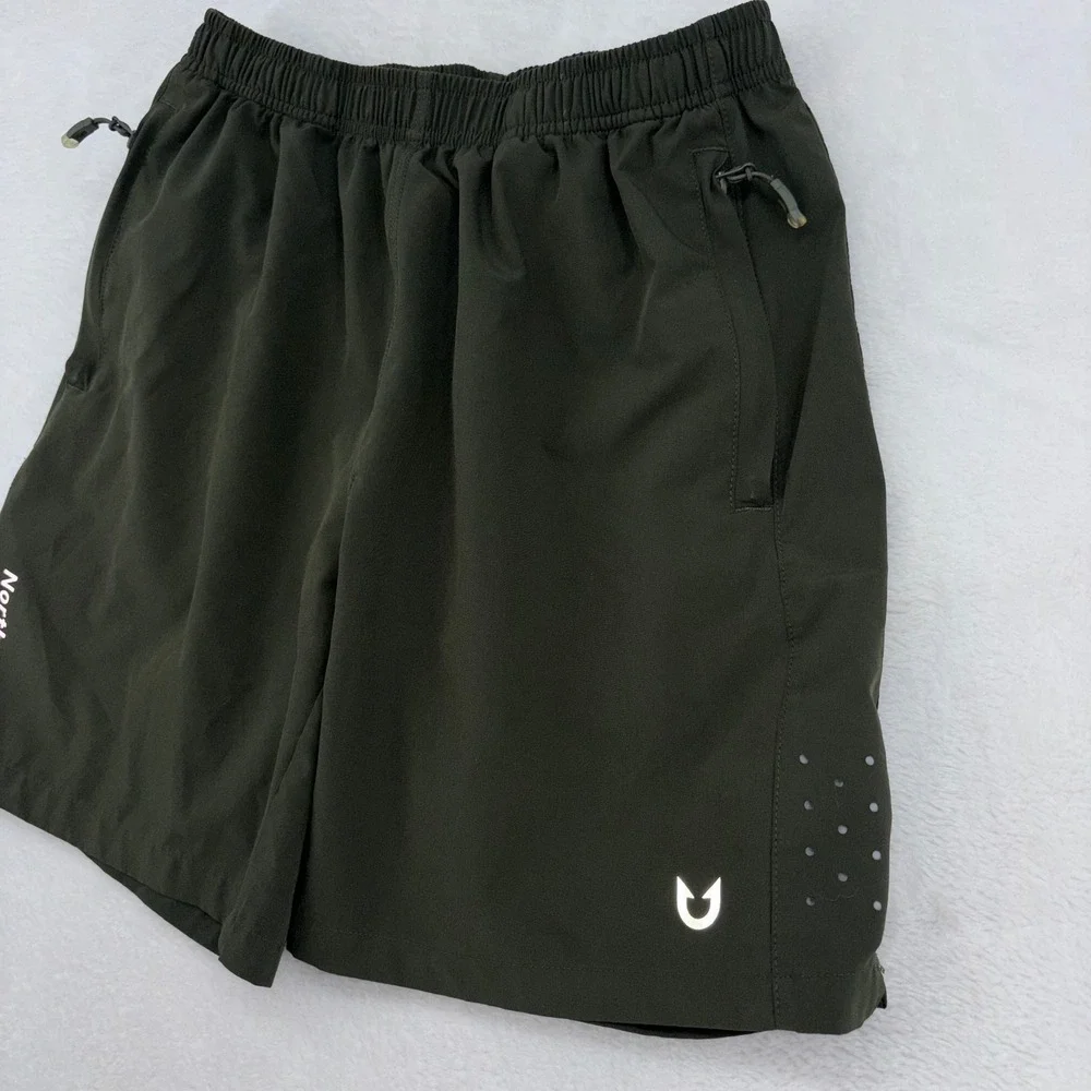Northyard Mens Athletic Shorts Small Dark Olive Green Zipper Pockets Reflective